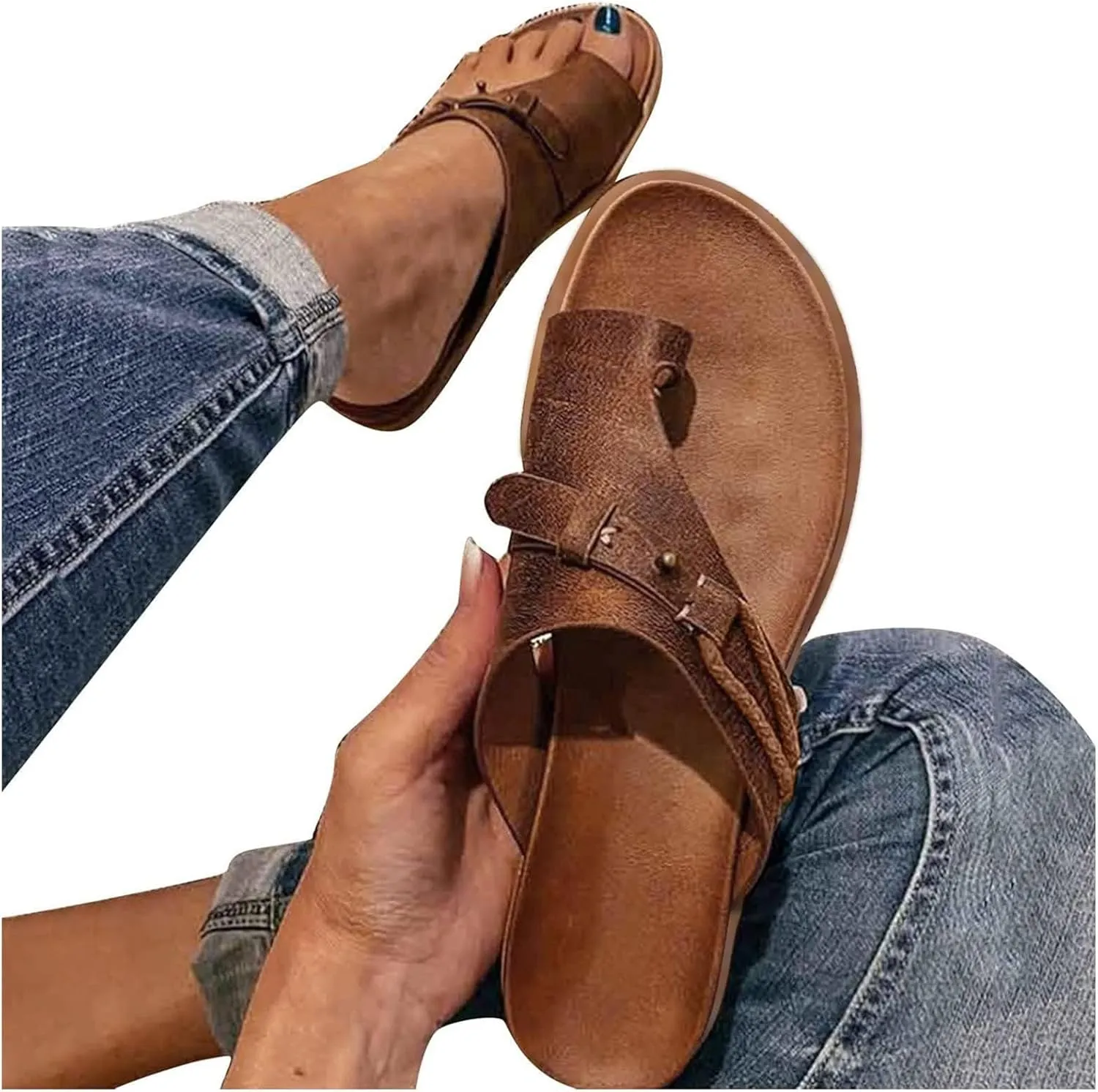 Flip Flops for Women 2025 Vintage Leather Vamp Thong Sandals Ring Open Toe Flat Sandals Slip-On Slippers Lightweight Outdoor Summer Shoes