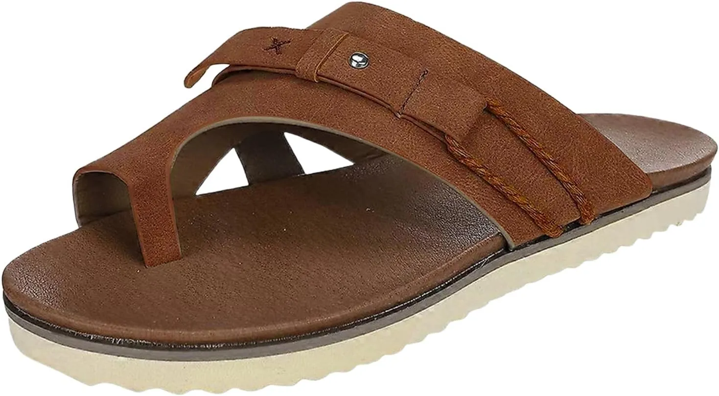 Flip Flops for Women 2025 Vintage Leather Vamp Thong Sandals Ring Open Toe Flat Sandals Slip-On Slippers Lightweight Outdoor Summer Shoes