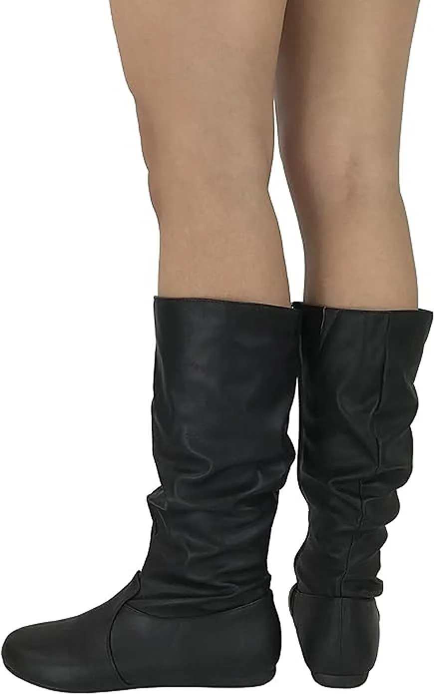 Forever Womens Round Toe Slouch Vegan Comfy Flat Mid Calf Tall Boots