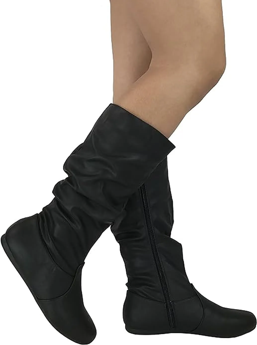 Forever Womens Round Toe Slouch Vegan Comfy Flat Mid Calf Tall Boots