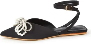 getmorebeauty Women's Pearls Bow Flat Sandals V-pointed Toe Ankle Strap Summer Slingback Dress Shoes