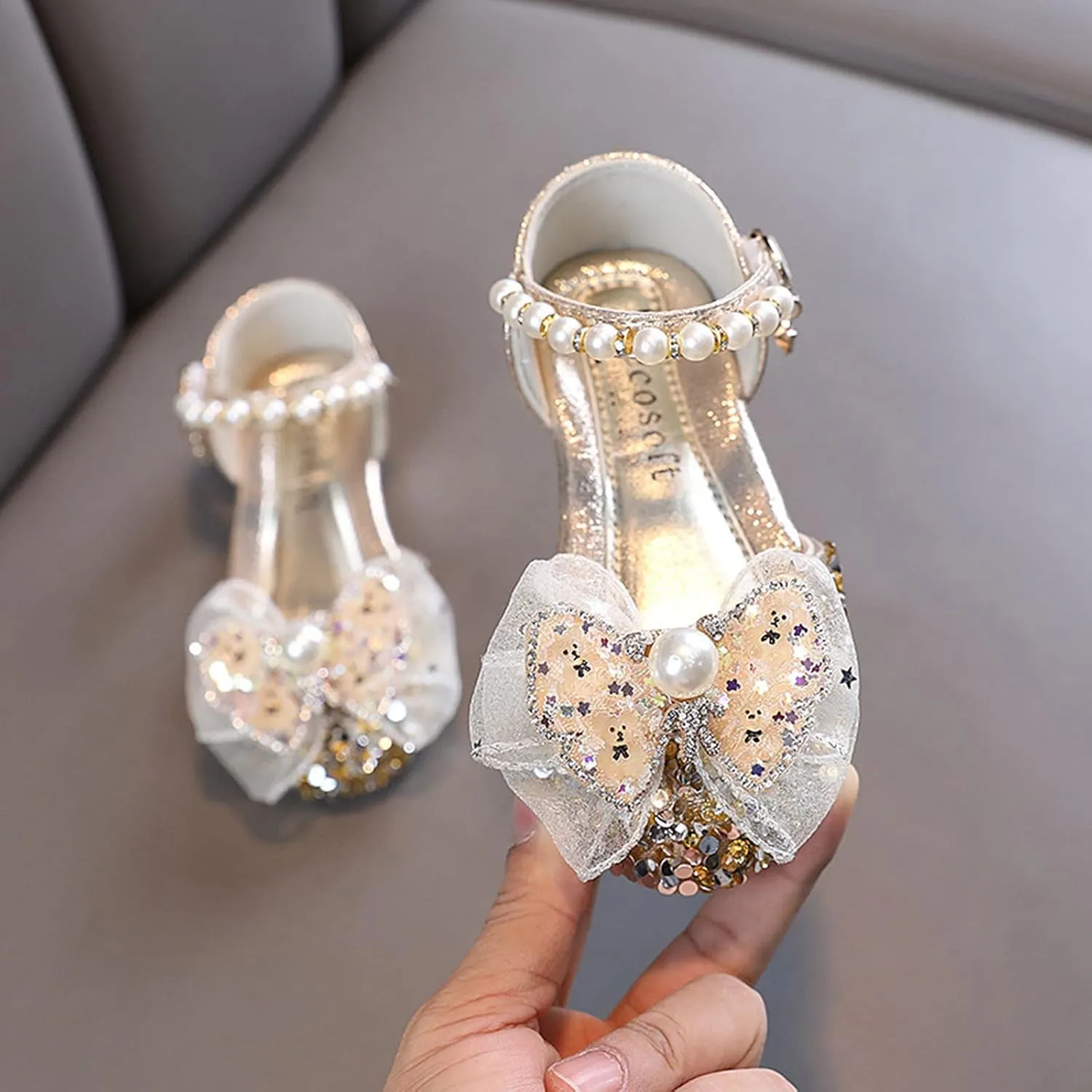 Girls Ballet Shoes Bow Plastics Pearl Color Matching Gradient Spring Shoes for Girls Strap Leather Sandals