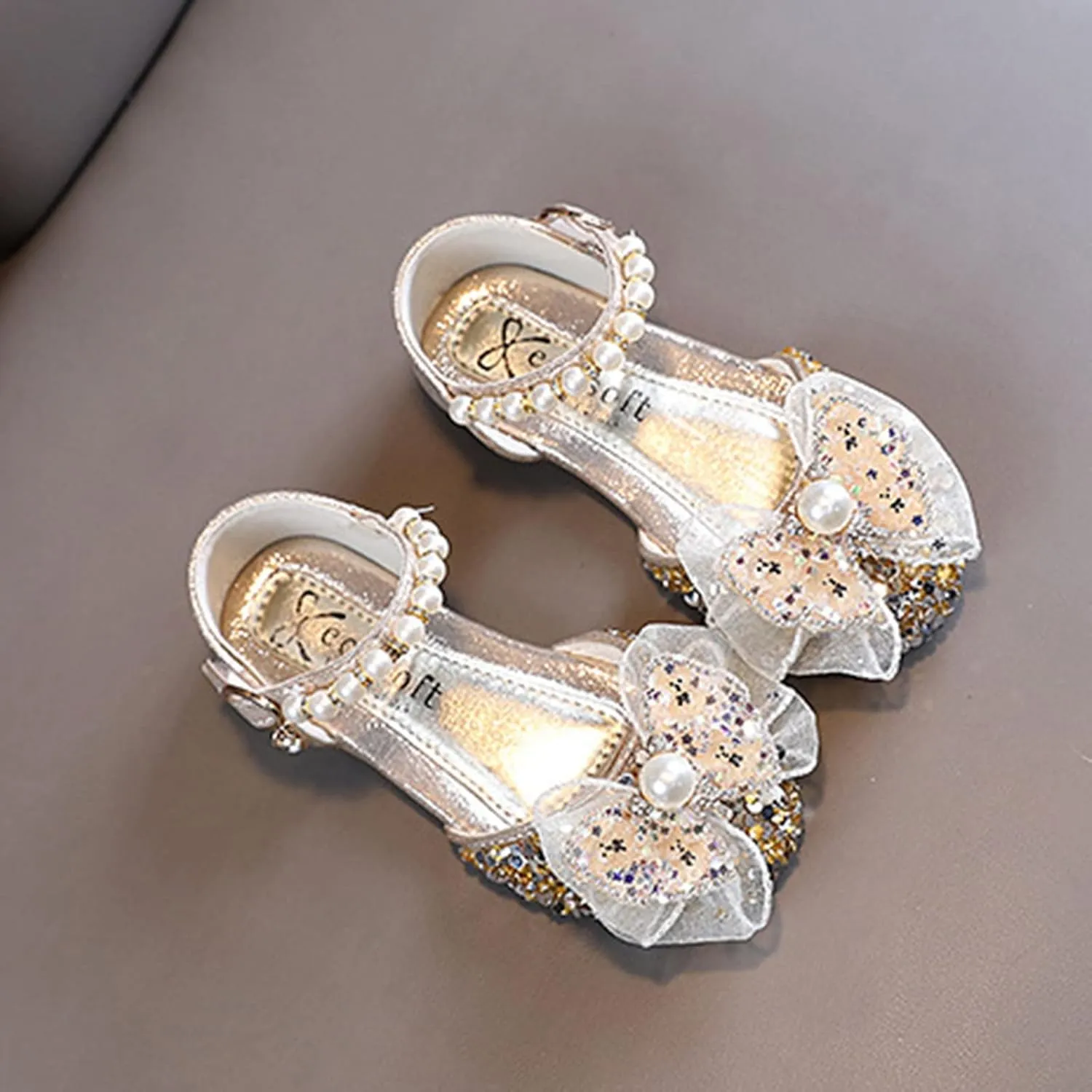 Girls Ballet Shoes Bow Plastics Pearl Color Matching Gradient Spring Shoes for Girls Strap Leather Sandals