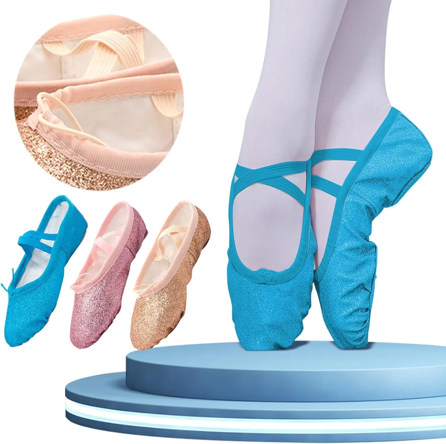 Girls Ballet Shoes Glitter Split-Sole Dance Slippers Toddler Kid Lightweight with Elastic Laces for Performance