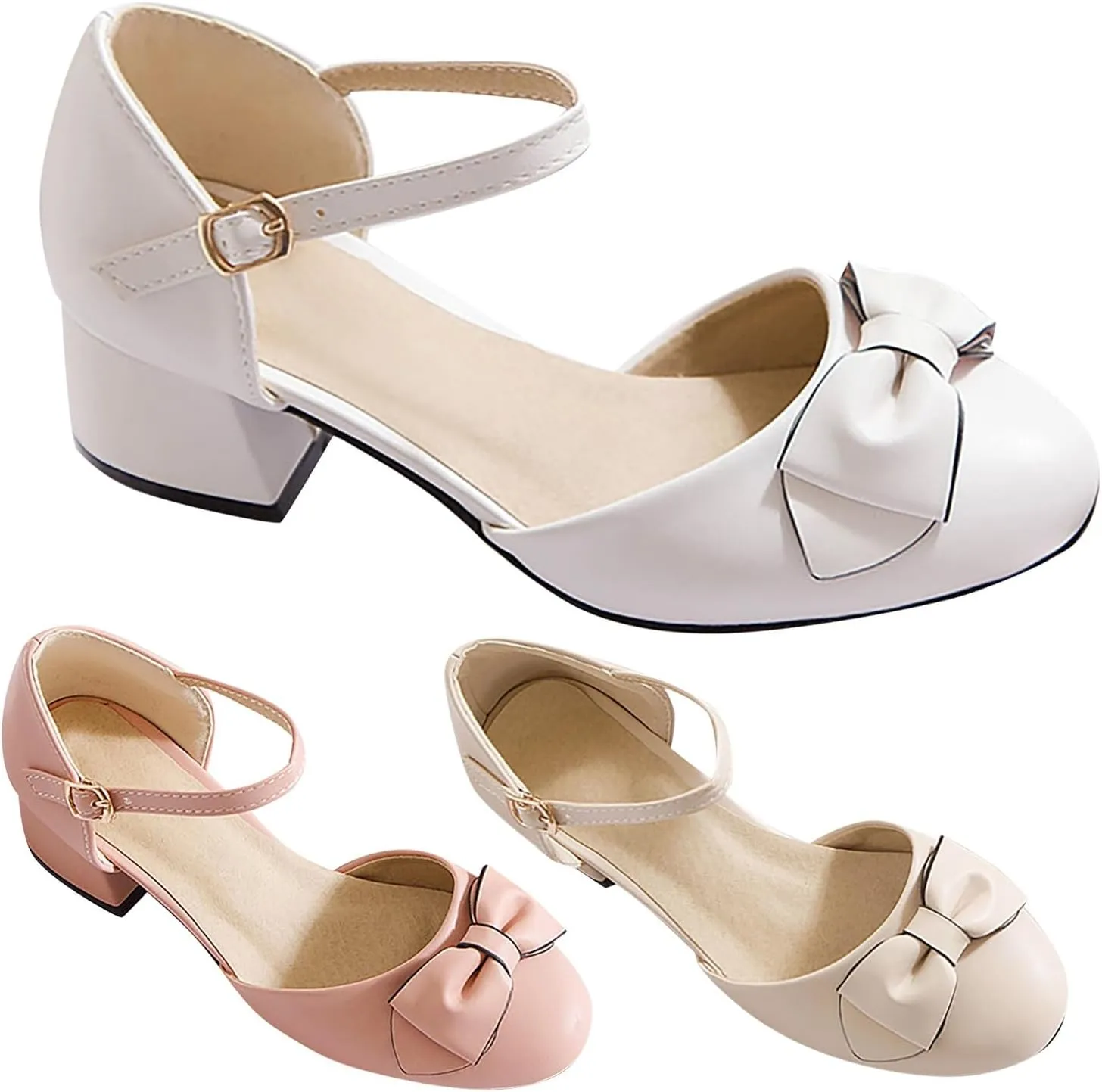 Girls Princess Bow Mary Jane Pumps Ankle Strap Low Heel Dress Sandals Closed Toe Ballet Wedding Party Formal Shoes