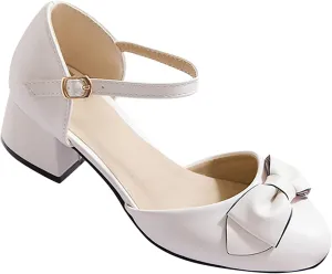 Girls Princess Bow Mary Jane Pumps Ankle Strap Low Heel Dress Sandals Closed Toe Ballet Wedding Party Formal Shoes