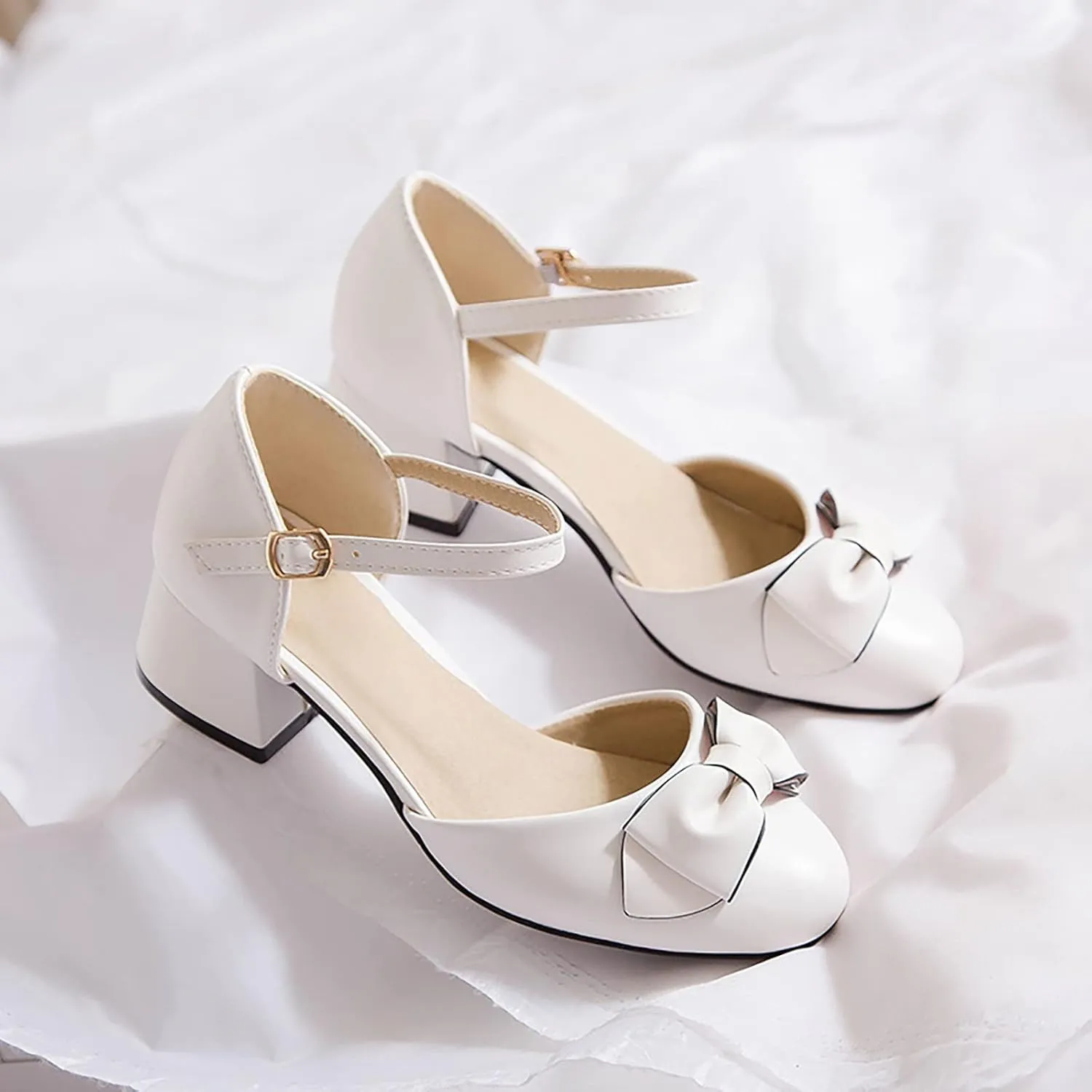 Girls Princess Bow Mary Jane Pumps Ankle Strap Low Heel Dress Sandals Closed Toe Ballet Wedding Party Formal Shoes