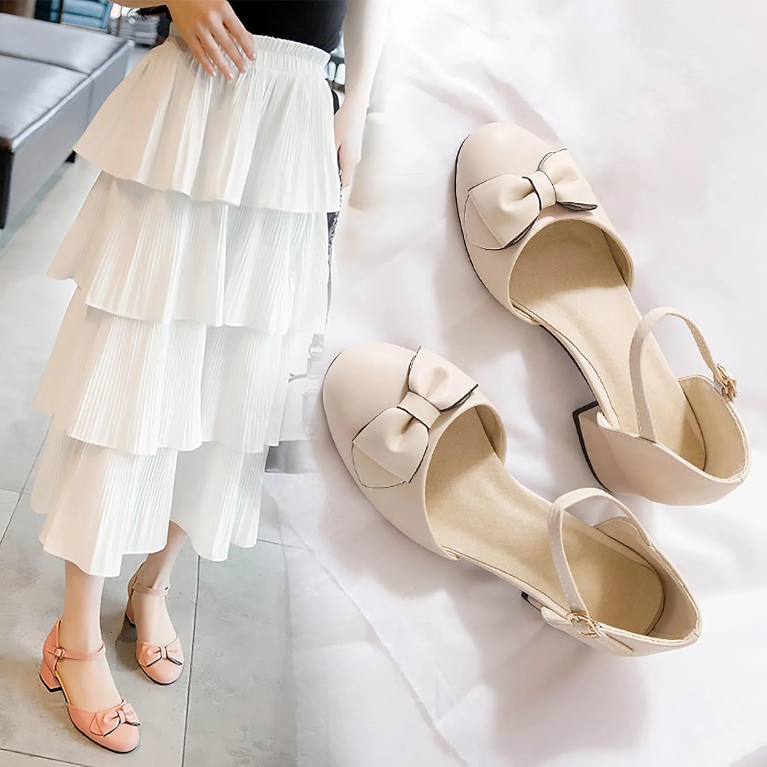 Girls Princess Bow Mary Jane Pumps Ankle Strap Low Heel Dress Sandals Closed Toe Ballet Wedding Party Formal Shoes
