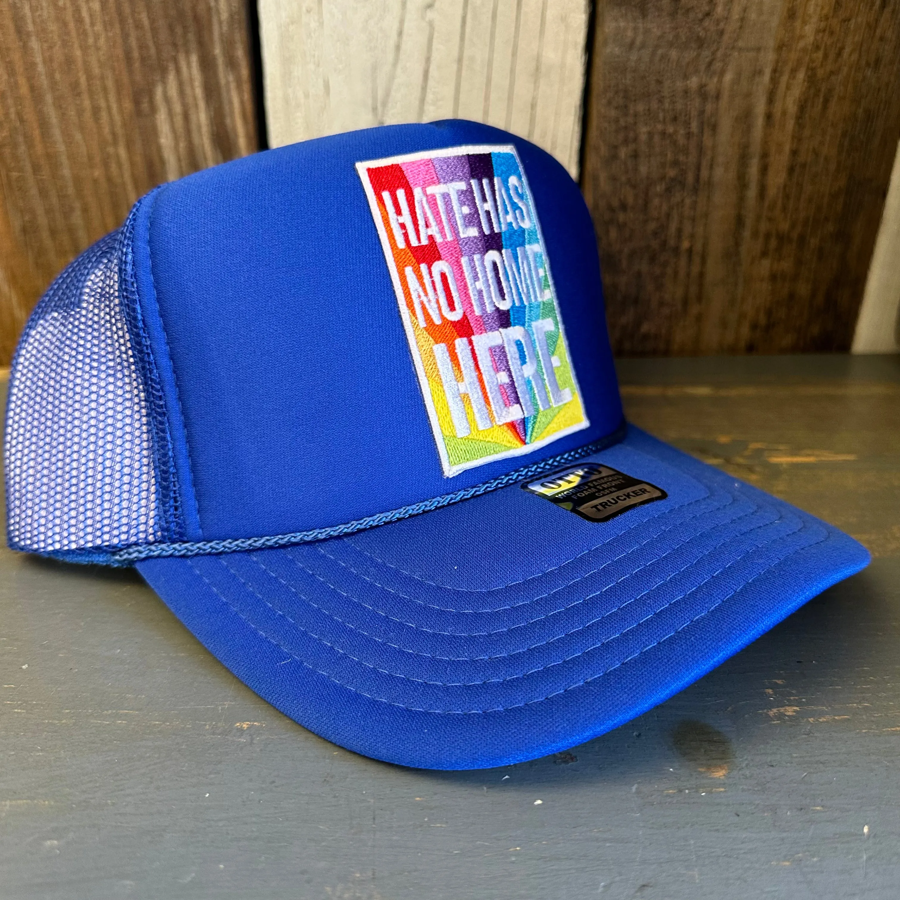 HATE HAS NO HOME HERE High Crown Trucker Hat - Royal Blue (Curved Brim)