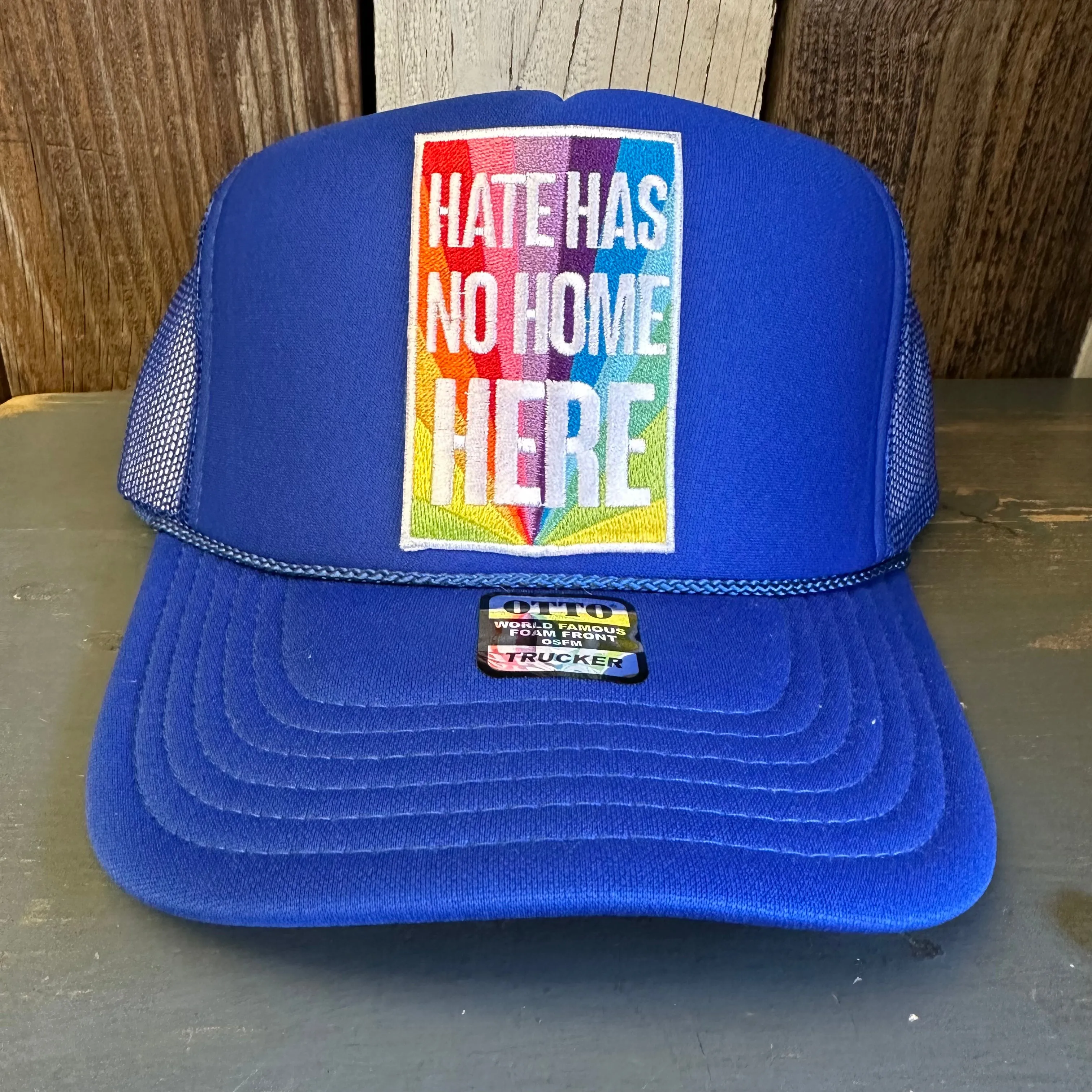 HATE HAS NO HOME HERE High Crown Trucker Hat - Royal Blue (Curved Brim)