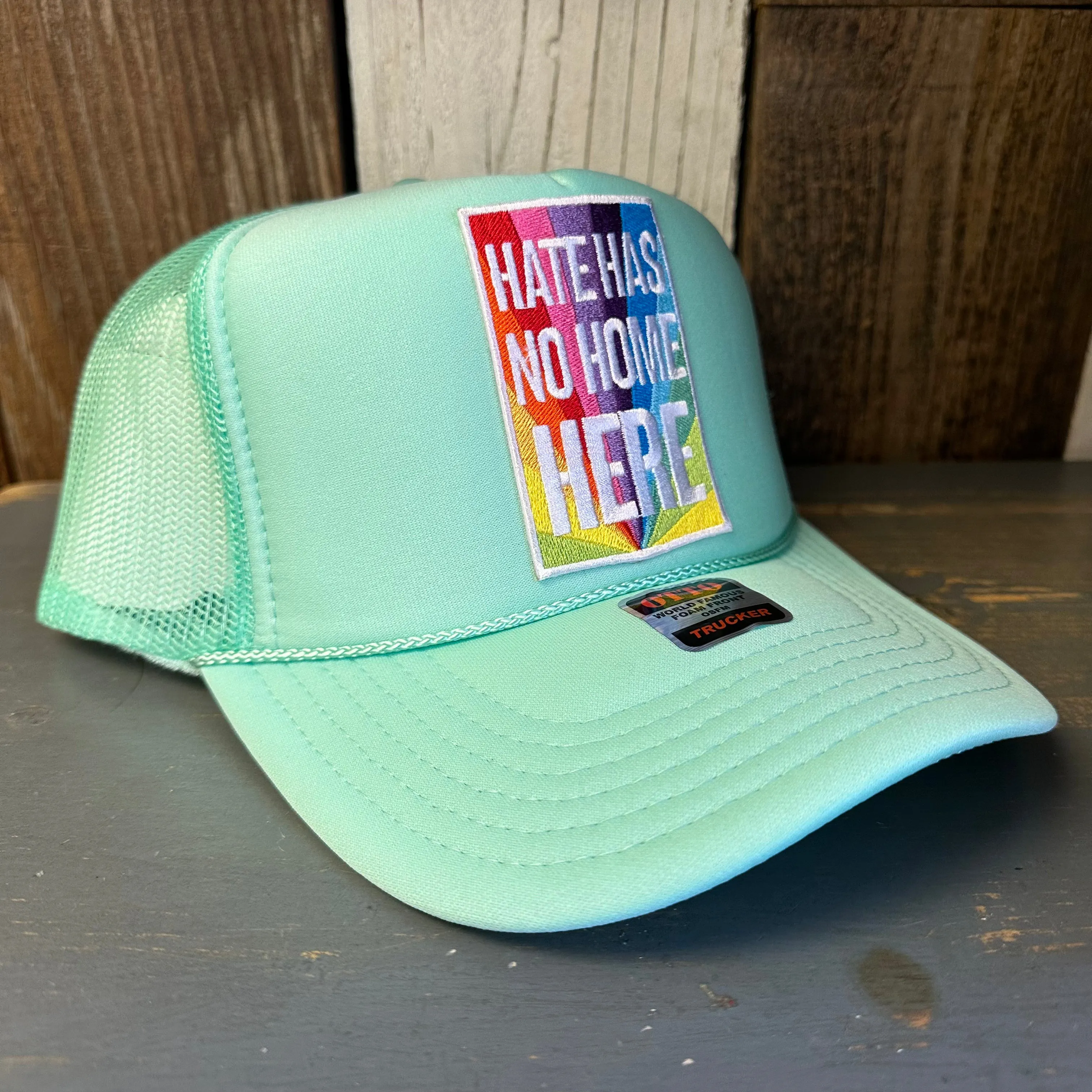 HATE HAS NO HOME HERE High Crown Trucker Hat - Seafoam Green