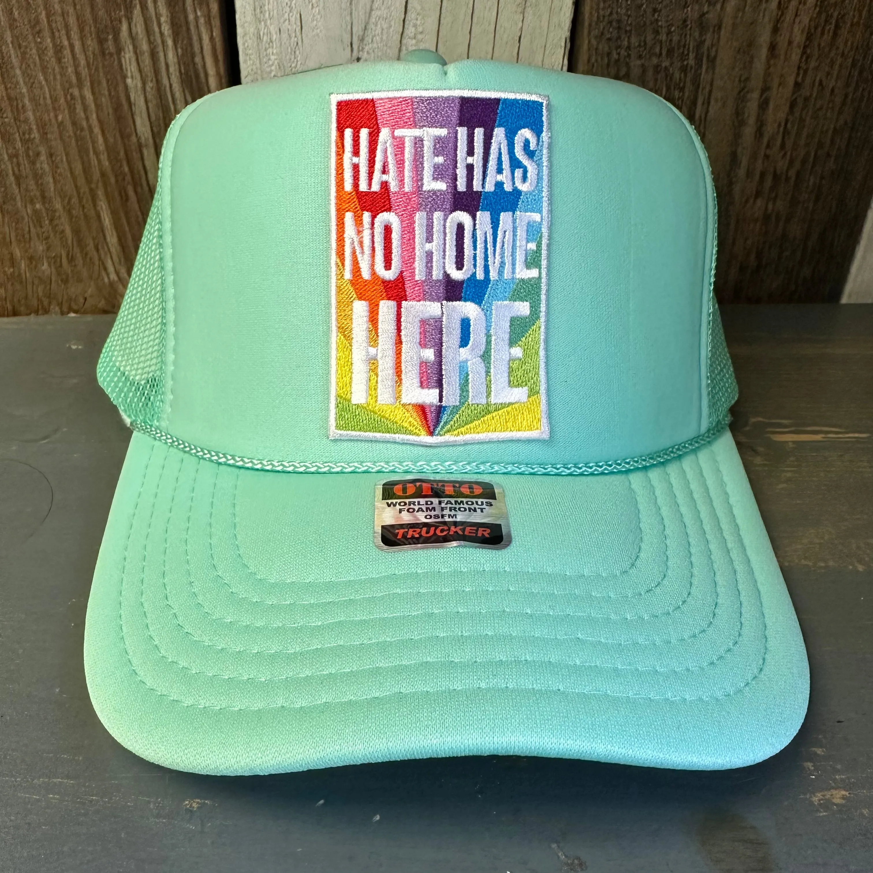 HATE HAS NO HOME HERE High Crown Trucker Hat - Seafoam Green
