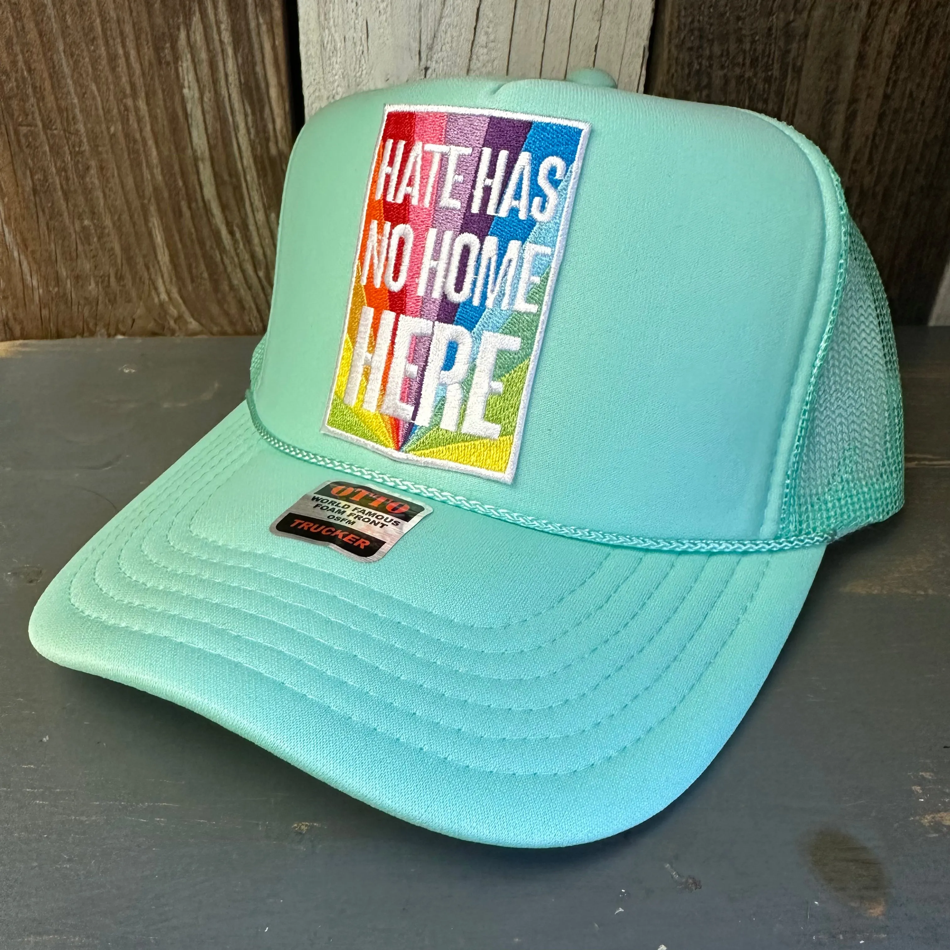 HATE HAS NO HOME HERE High Crown Trucker Hat - Seafoam Green
