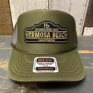 Hermosa Beach ARE YOU ESTABLISHED? High Crown Trucker Hat - Olive