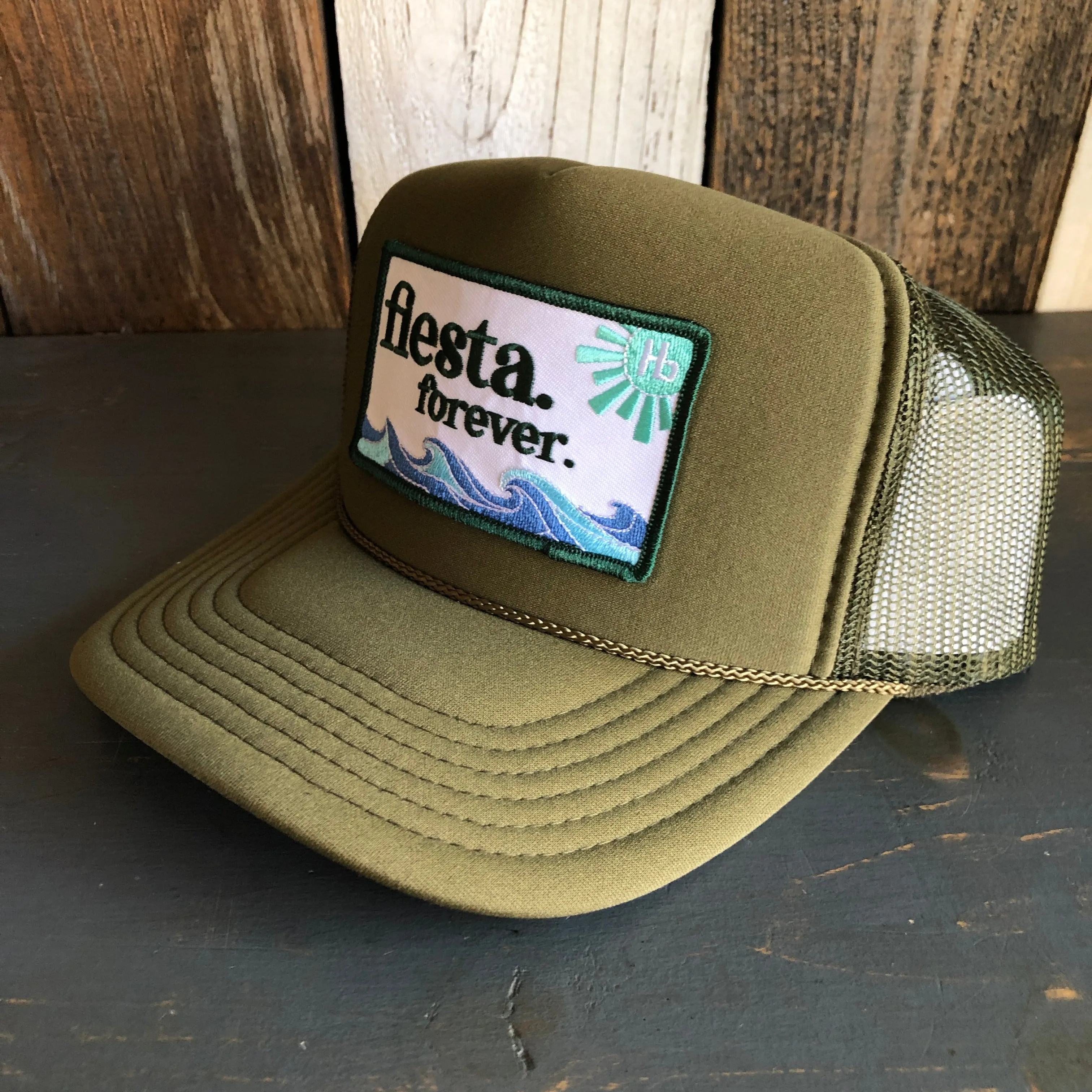 Hermosa Beach FIESTA FOREVER High Crown Trucker Hat - Olive