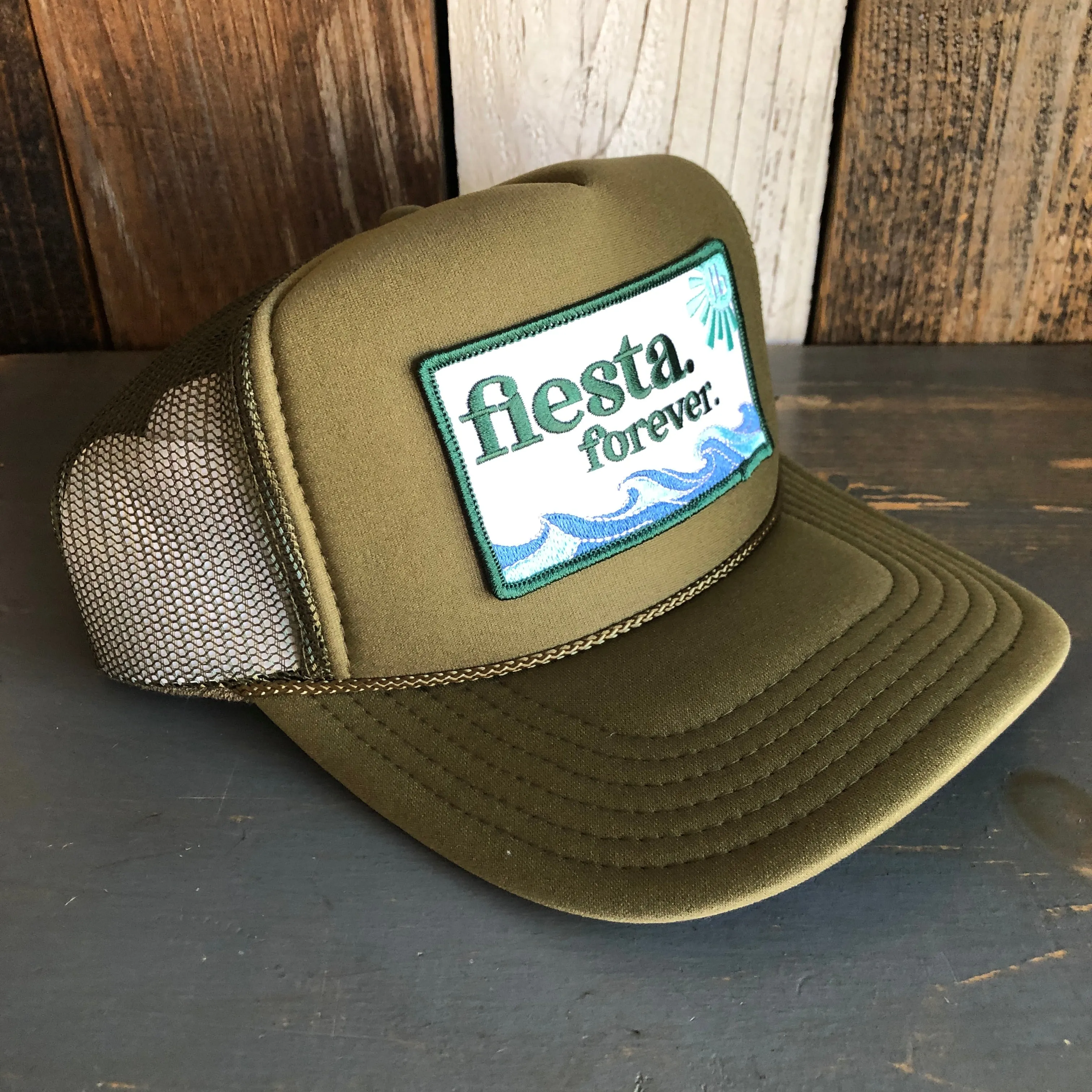 Hermosa Beach FIESTA FOREVER High Crown Trucker Hat - Olive