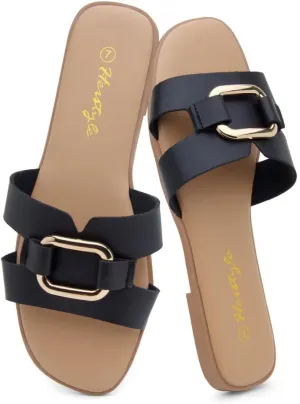 Herstyle Women's Flat Sandals 2025  Trendy Square Open Toe Slides with Metal Chain, Memory Foam Cushioned Footbed, Slip-On Fashion Slippers for Summer