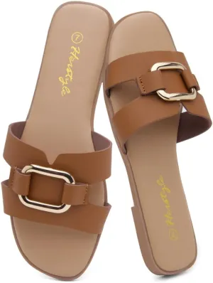 Herstyle Women's Flat Sandals 2025  Trendy Square Open Toe Slides with Metal Chain, Memory Foam Cushioned Footbed, Slip-On Fashion Slippers for Summer