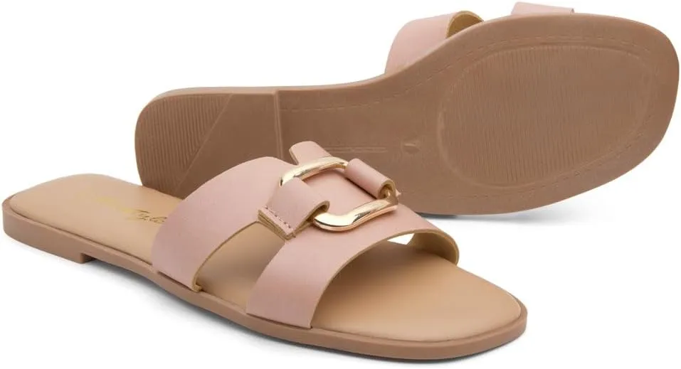 Herstyle Women's Flat Sandals 2025  Trendy Square Open Toe Slides with Metal Chain, Memory Foam Cushioned Footbed, Slip-On Fashion Slippers for Summer