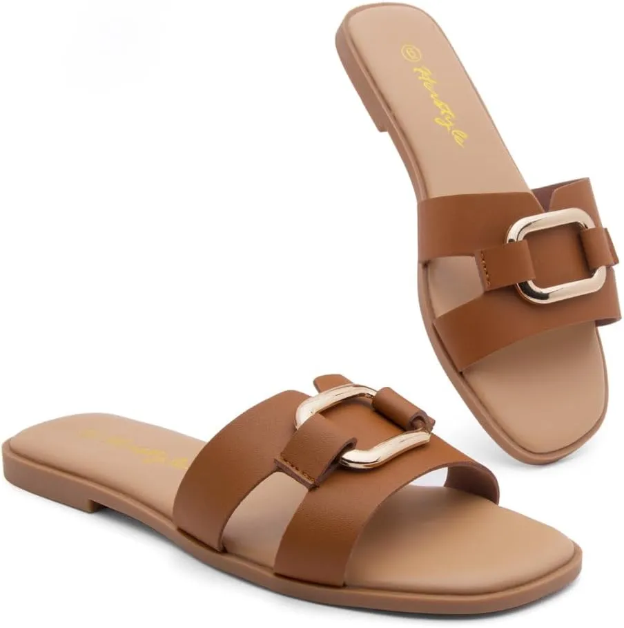Herstyle Women's Flat Sandals 2025  Trendy Square Open Toe Slides with Metal Chain, Memory Foam Cushioned Footbed, Slip-On Fashion Slippers for Summer
