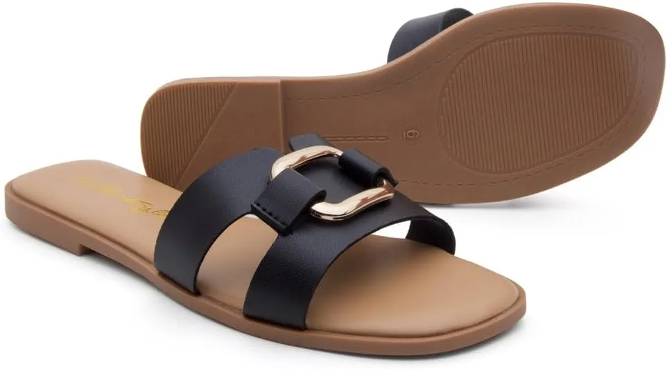 Herstyle Women's Flat Sandals 2025  Trendy Square Open Toe Slides with Metal Chain, Memory Foam Cushioned Footbed, Slip-On Fashion Slippers for Summer