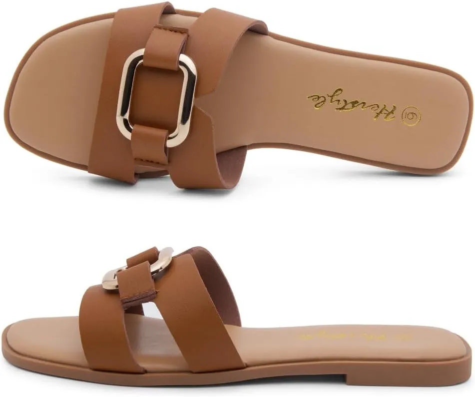 Herstyle Women's Flat Sandals 2025  Trendy Square Open Toe Slides with Metal Chain, Memory Foam Cushioned Footbed, Slip-On Fashion Slippers for Summer