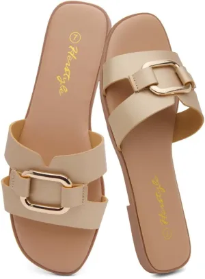 Herstyle Women's Flat Sandals 2025  Trendy Square Open Toe Slides with Metal Chain, Memory Foam Cushioned Footbed, Slip-On Fashion Slippers for Summer