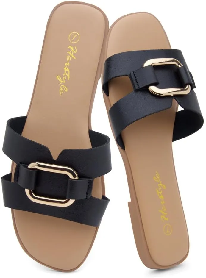 Herstyle Women's Flat Sandals 2025  Trendy Square Open Toe Slides with Metal Chain, Memory Foam Cushioned Footbed, Slip-On Fashion Slippers for Summer