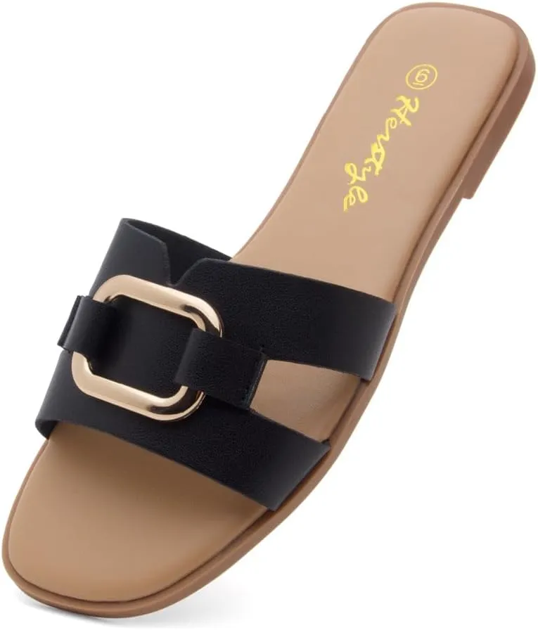 Herstyle Women's Flat Sandals 2025  Trendy Square Open Toe Slides with Metal Chain, Memory Foam Cushioned Footbed, Slip-On Fashion Slippers for Summer