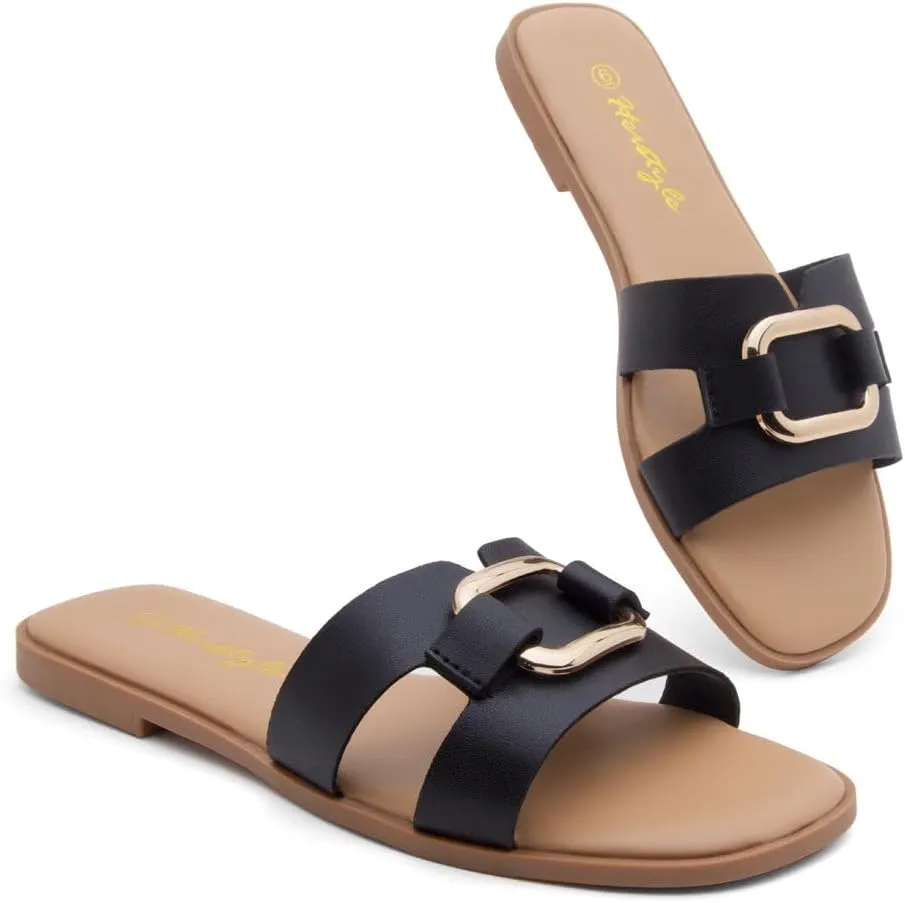 Herstyle Women's Flat Sandals 2025  Trendy Square Open Toe Slides with Metal Chain, Memory Foam Cushioned Footbed, Slip-On Fashion Slippers for Summer