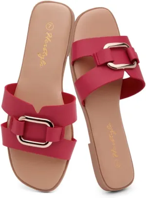 Herstyle Women's Flat Sandals 2025  Trendy Square Open Toe Slides with Metal Chain, Memory Foam Cushioned Footbed, Slip-On Fashion Slippers for Summer