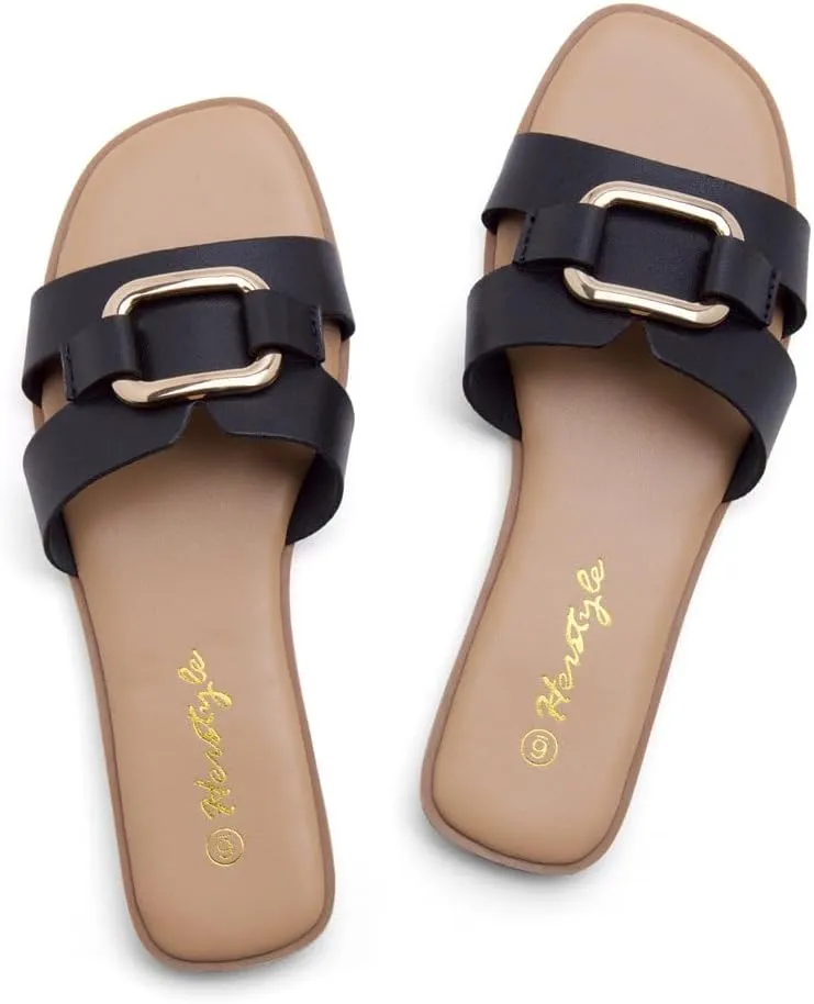 Herstyle Women's Flat Sandals 2025  Trendy Square Open Toe Slides with Metal Chain, Memory Foam Cushioned Footbed, Slip-On Fashion Slippers for Summer