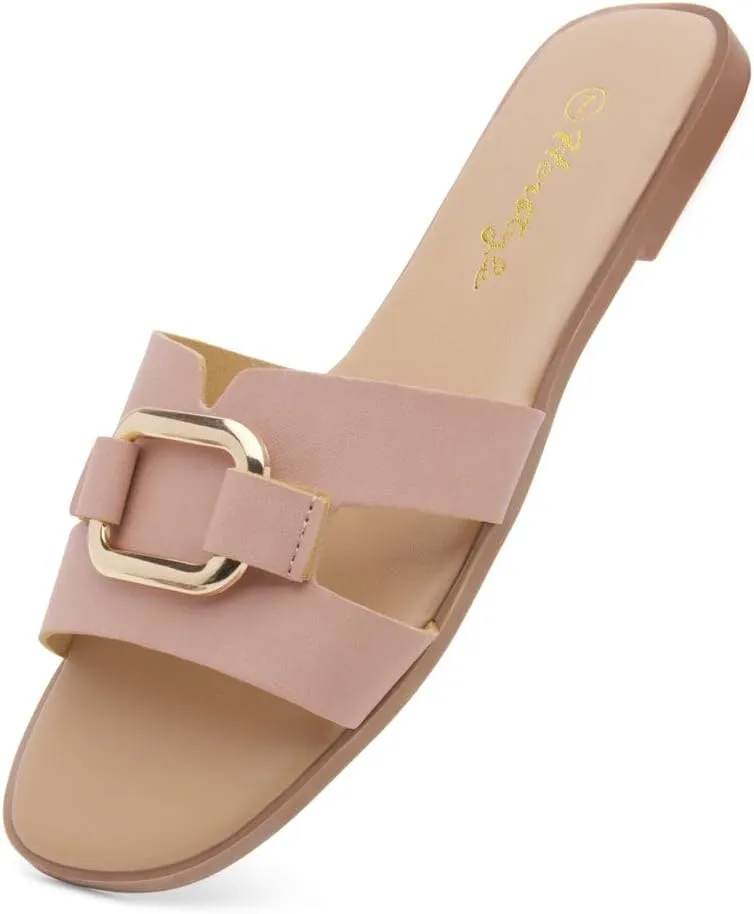 Herstyle Women's Flat Sandals 2025  Trendy Square Open Toe Slides with Metal Chain, Memory Foam Cushioned Footbed, Slip-On Fashion Slippers for Summer