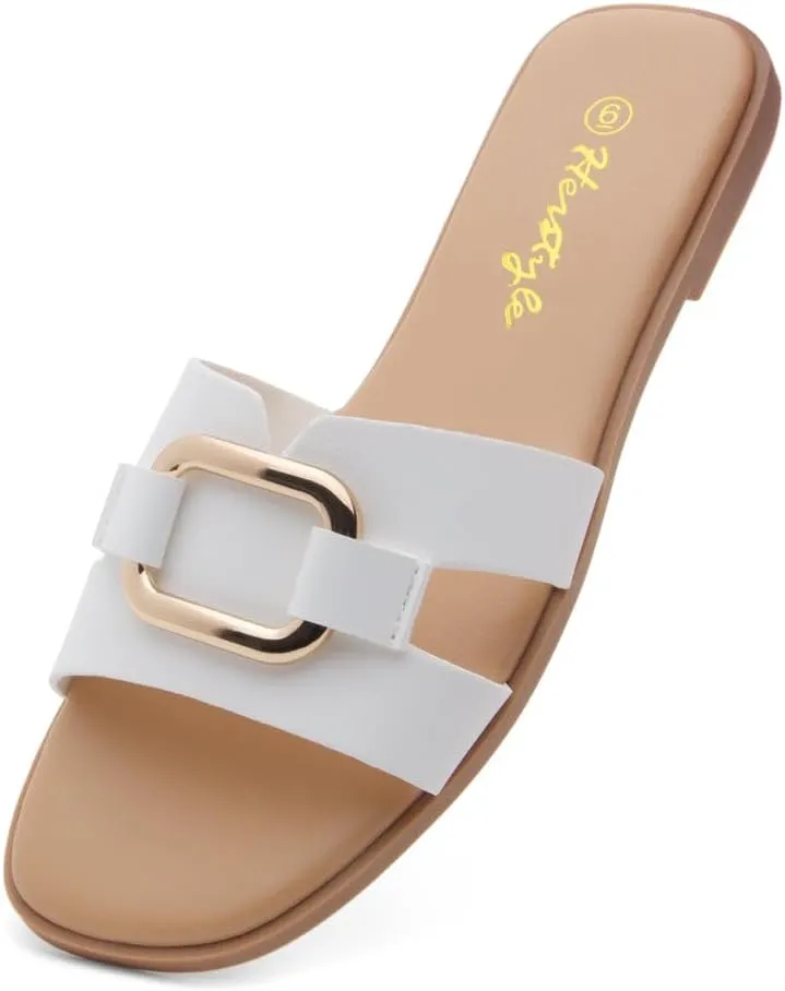 Herstyle Women's Flat Sandals 2025  Trendy Square Open Toe Slides with Metal Chain, Memory Foam Cushioned Footbed, Slip-On Fashion Slippers for Summer