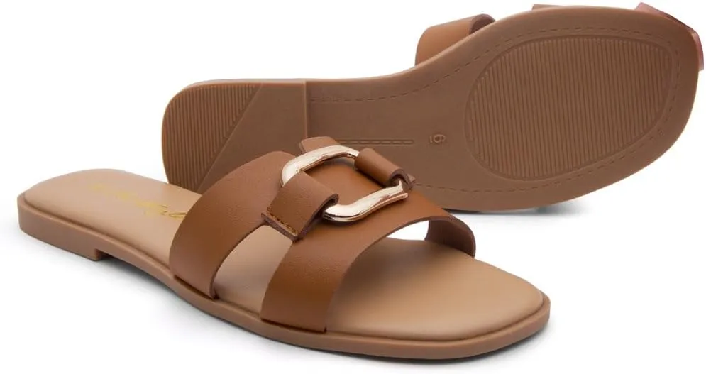 Herstyle Women's Flat Sandals 2025  Trendy Square Open Toe Slides with Metal Chain, Memory Foam Cushioned Footbed, Slip-On Fashion Slippers for Summer