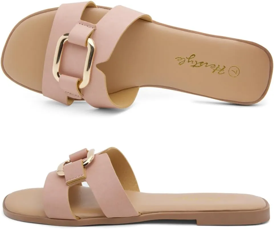 Herstyle Women's Flat Sandals 2025  Trendy Square Open Toe Slides with Metal Chain, Memory Foam Cushioned Footbed, Slip-On Fashion Slippers for Summer