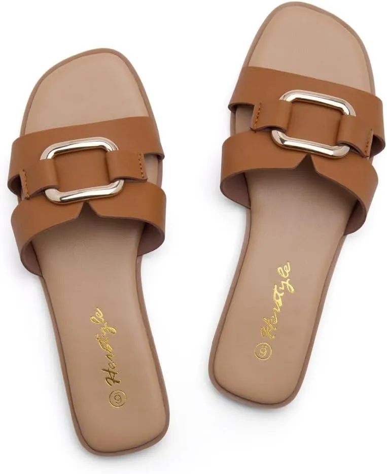 Herstyle Women's Flat Sandals 2025  Trendy Square Open Toe Slides with Metal Chain, Memory Foam Cushioned Footbed, Slip-On Fashion Slippers for Summer