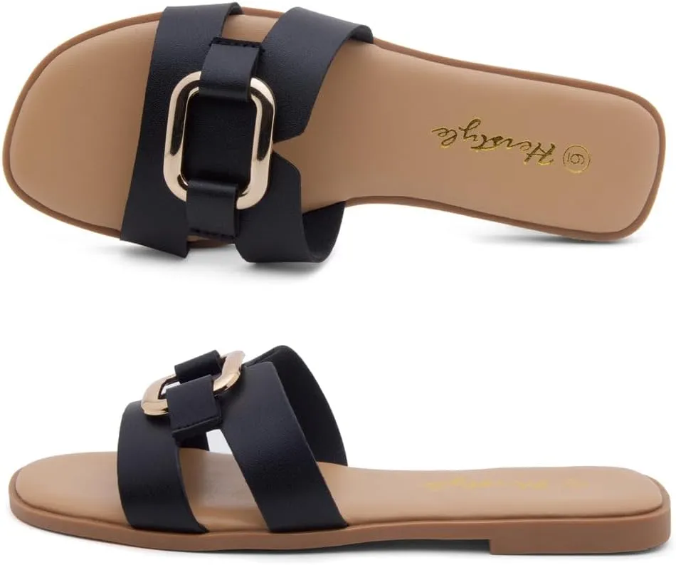 Herstyle Women's Flat Sandals 2025  Trendy Square Open Toe Slides with Metal Chain, Memory Foam Cushioned Footbed, Slip-On Fashion Slippers for Summer