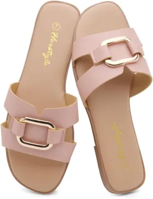 Herstyle Women's Flat Sandals 2025  Trendy Square Open Toe Slides with Metal Chain, Memory Foam Cushioned Footbed, Slip-On Fashion Slippers for Summer