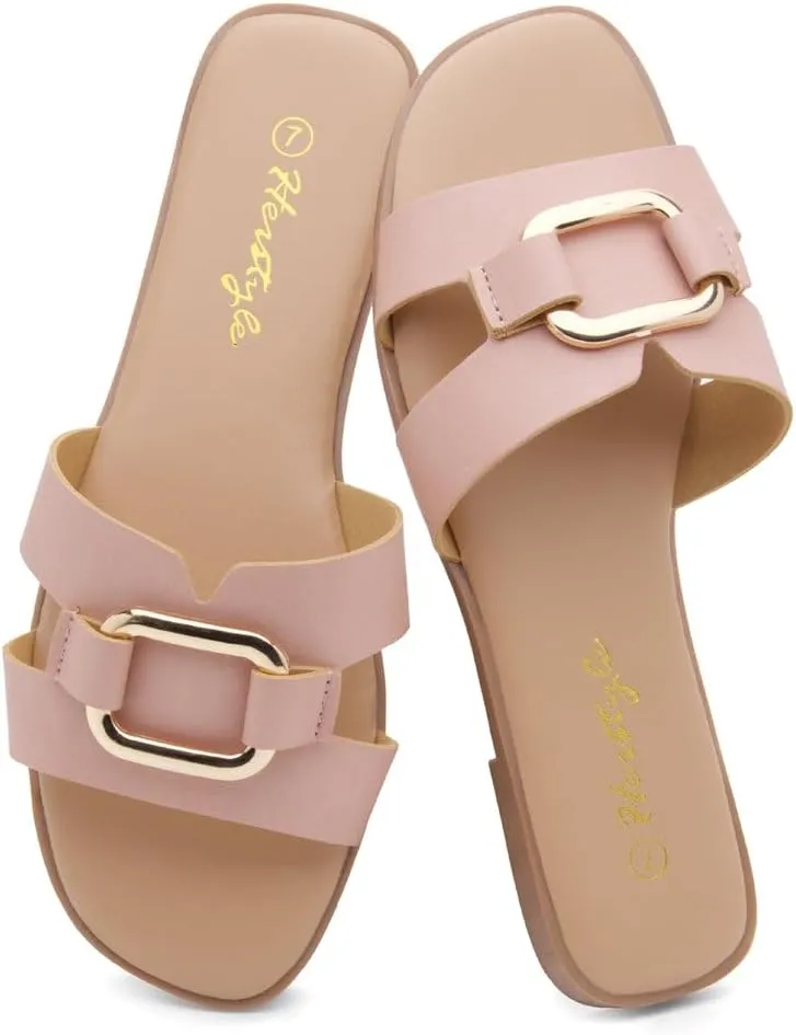Herstyle Women's Flat Sandals 2025  Trendy Square Open Toe Slides with Metal Chain, Memory Foam Cushioned Footbed, Slip-On Fashion Slippers for Summer