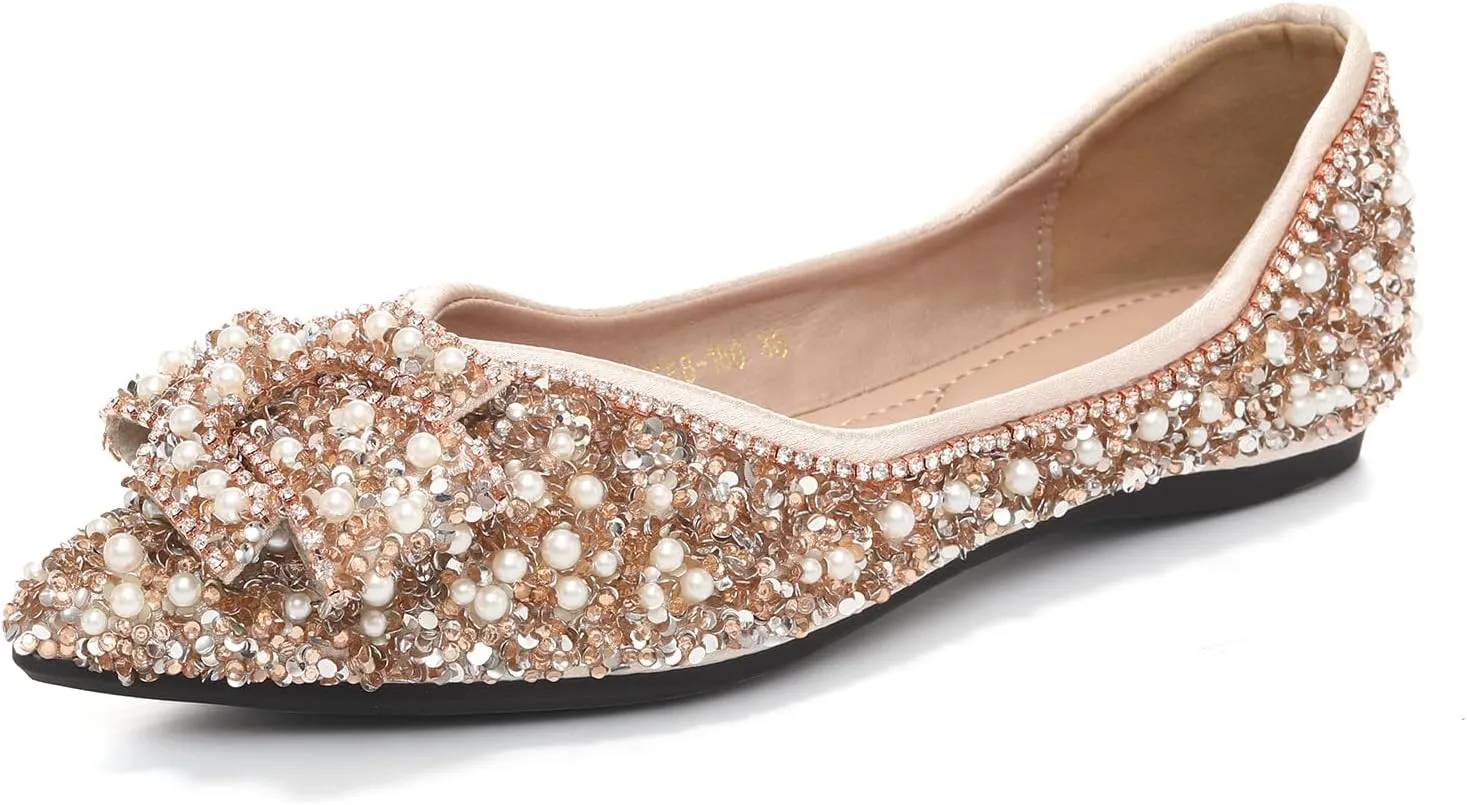 HROYL Women Rhinestone Flats Dressy Shoes Wedding Ballroom Party Evening Ballet Flats YSX-658-99