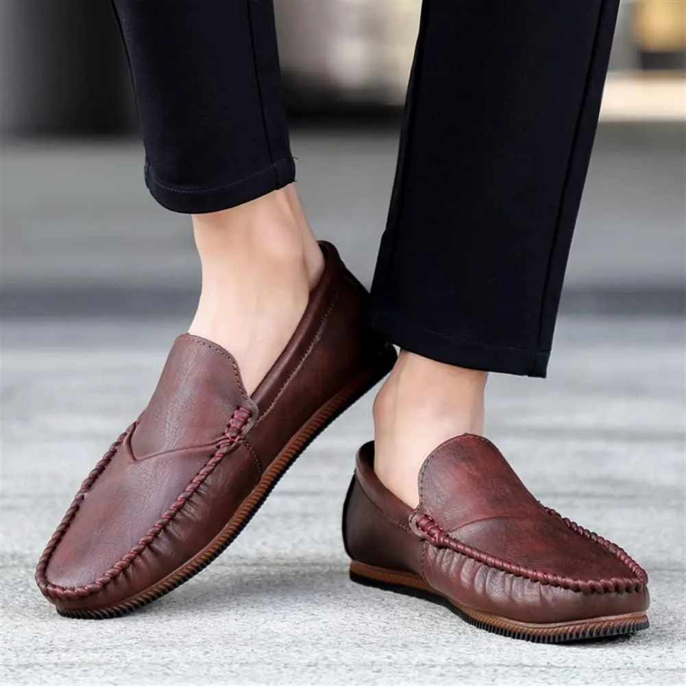 JIADELI Men's Loafers Vegan Leather Stitching Details Round Toe Rubber Sole Resistant Flat Heel Lightweight Party Casual Slip On (Color : Red, Size : 8)