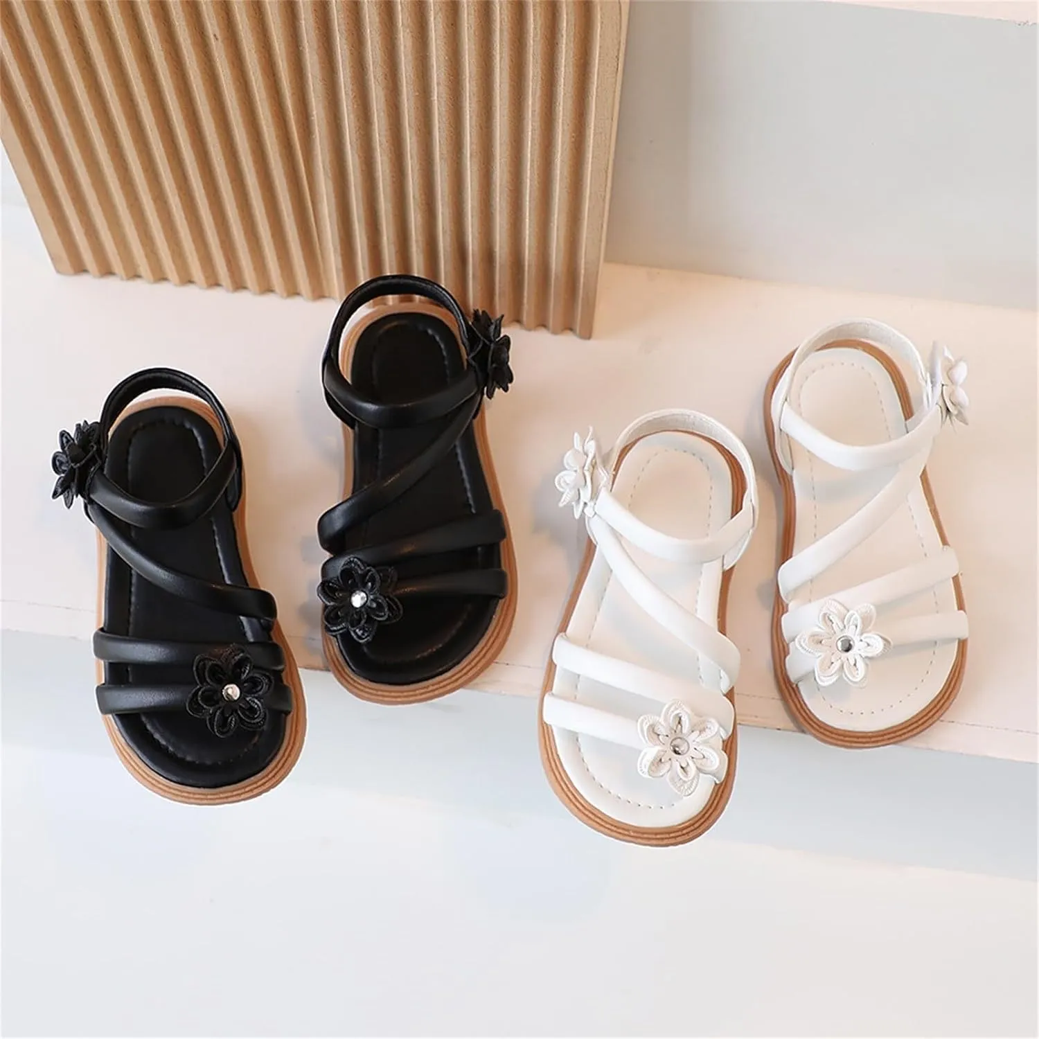 Kids Ballet Shoes Casual Open Toe Flower Design Light Weight Adjustable Straps Summer Toddler Girl Mary Jane Shoes