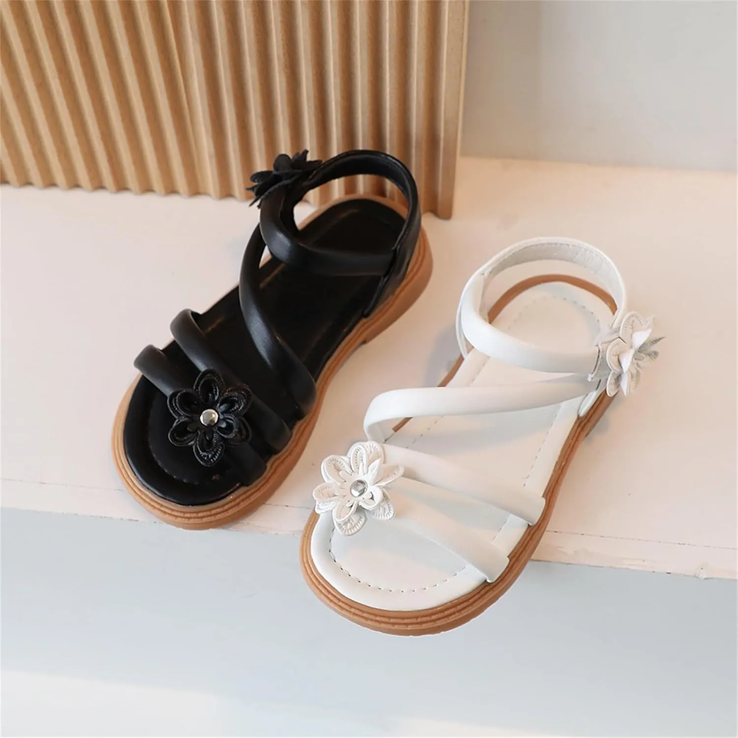 Kids Ballet Shoes Casual Open Toe Flower Design Light Weight Adjustable Straps Summer Toddler Girl Mary Jane Shoes