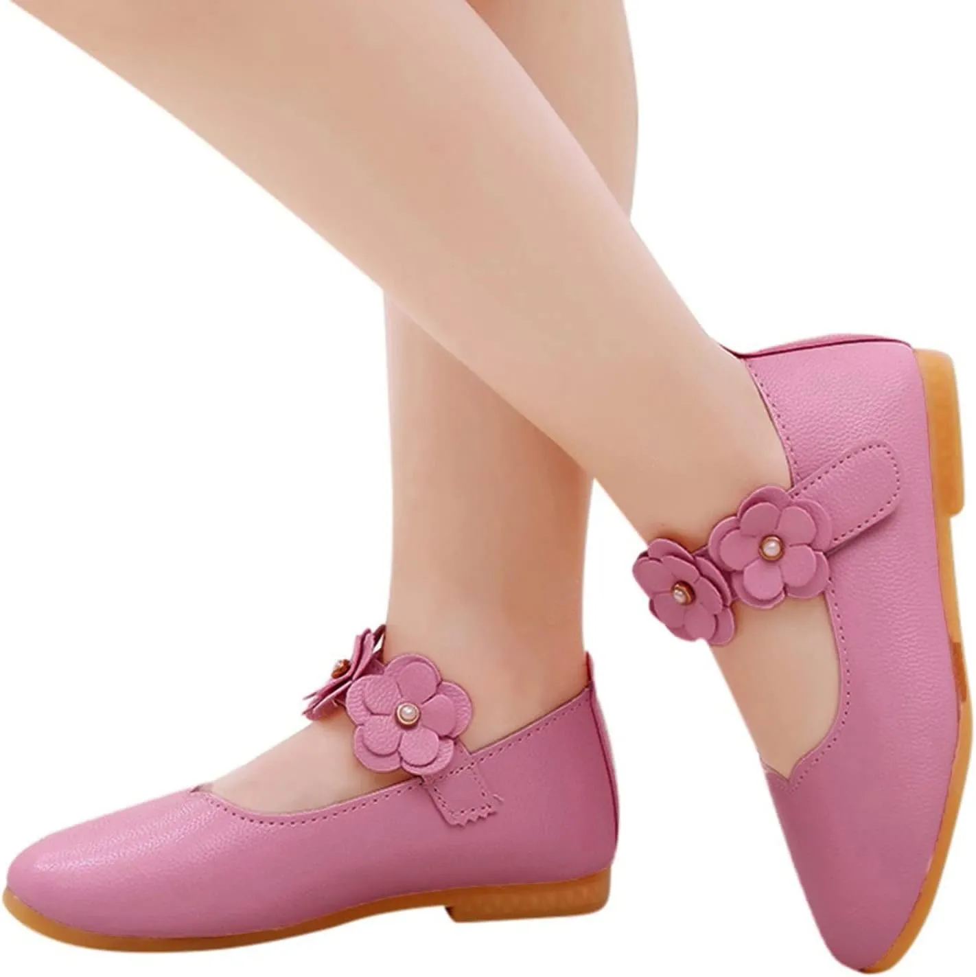 Kids Girls Mary Jane Ballerina Flats Toddler Bridesmaid Non-Slip Soft Slip On Flat Dress Shoes with Flower Strap