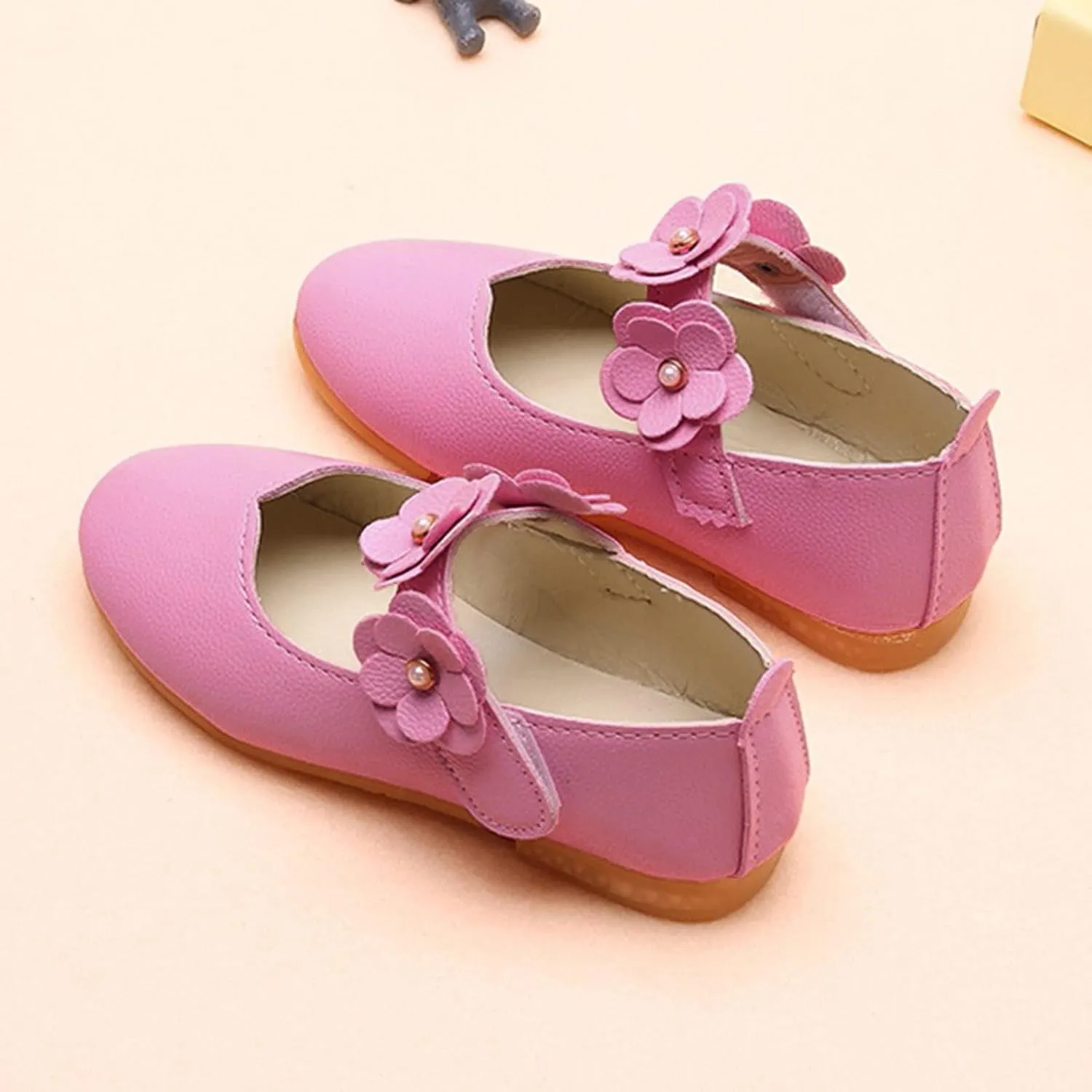 Kids Girls Mary Jane Ballerina Flats Toddler Bridesmaid Non-Slip Soft Slip On Flat Dress Shoes with Flower Strap