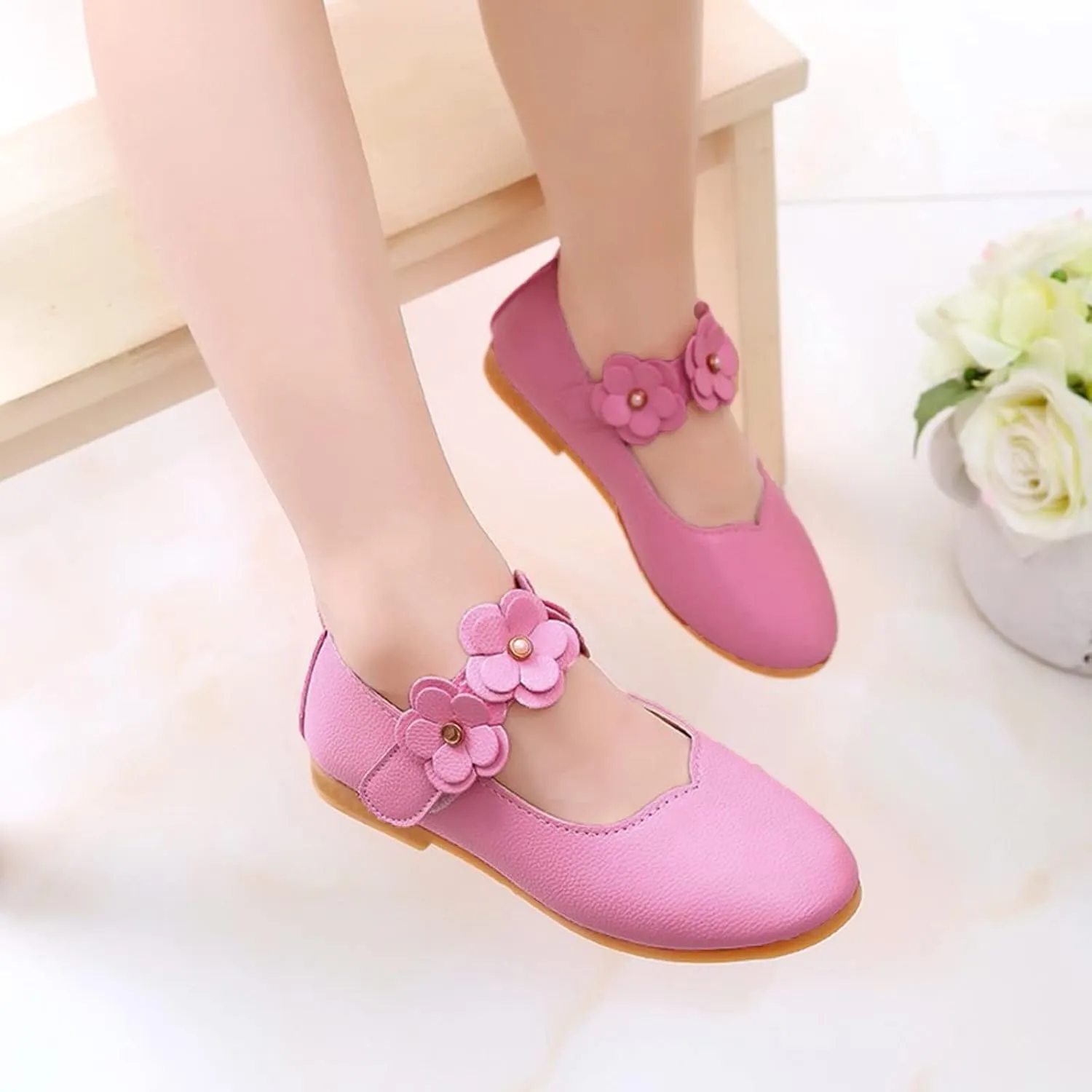 Kids Girls Mary Jane Ballerina Flats Toddler Bridesmaid Non-Slip Soft Slip On Flat Dress Shoes with Flower Strap