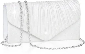 Larcenciel White Clutch Purse for Women, Elegant Pleated Evening Bags with Chain Strap, Sparkly Green Sequin Envelope Clutch Bag, Formal Shoulder Handbag for Wedding, Party, Prom, Cocktail, Date Night