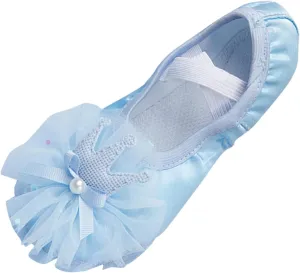 Leather Ballet Shoes Toddler Girls Ballet Slippers with Bow No-Tie Baby Dance Shoes Non-Slip Yoga Shoes (Blue, 8.5 Toddler)
