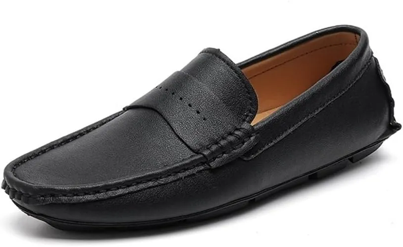 Mens Driving Moccasins Loafer Round Toe Smoking Slip On Simple Vegan Leather Anti-Slip Lightweight Resistant Flexible Flat Heel for Walking